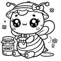 Coloriage Abeille Chibi avec Un Grand Chapeau et Un Pot de Miel | Toupty.com