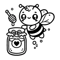 Coloriage Abeille Chibi Volant Autour d'Un Pot de Miel | Toupty.com