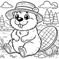 Coloriage Illustration cartoon d'un castor portant un chapeau en paille | Toupty.com