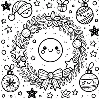 Coloriage Couronne de Noël avec des boules et des étoiles souriantes | Toupty.com