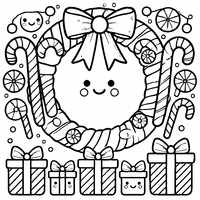 Coloriage Couronne de Noël avec des canes de bonbon et des cadeaux souriants | Toupty.com