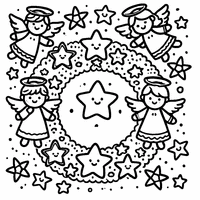 Coloriage Couronne de Noël avec des anges joyeux et des étoiles souriantes | Toupty.com