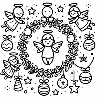 Coloriage Couronne de Noël avec des boules de Noël et des anges souriants | Toupty.com