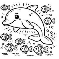 Coloriage Dessin d'un dauphin entouré de poissons | Toupty.com