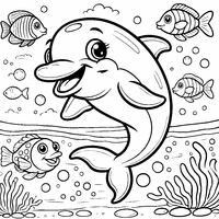 Coloriage Illustration d'un dauphin et de ses amis poissons | Toupty.com