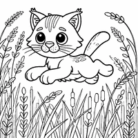 Coloriage Chat sauvage cartoon sautant dans les herbes | Toupty.com