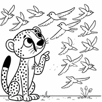 Coloriage Guépard observant des oiseaux voler au-dessus de sa tête | Toupty.com