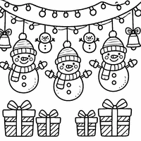 Coloriage Guirlande avec Des Bonshommes de Neige et Des Cadeaux Sourire | Toupty.com