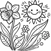 Coloriage Jonquille Cartoon avec soleil souriant | Toupty.com