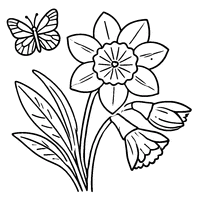 Coloriage Jonquille avec Papillon  | Toupty.com