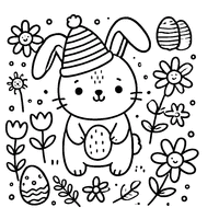 Coloriage Lapin de Pâques avec Un Petit Chapeau et Des Fleurs | Toupty.com