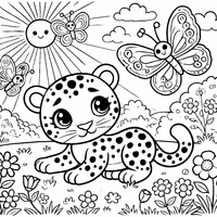 Coloriage Léopard jouant avec des papillons | Toupty.com