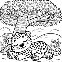 Coloriage Léopard cartoon faisant une sieste sous un grand arbre | Toupty.com