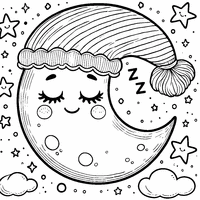 Coloriage Croissant de lune endormi avec bonnet | Toupty.com