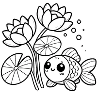 Coloriage Nénuphar Cartoon avec Un Petit Poisson | Toupty.com