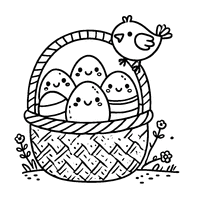 Coloriage Panier en Osier avec Des Œufs en Forme d’Animaux et Un Petit Oiseau Posé | Toupty.com