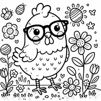 Coloriage Poule de Pâques avec Des Lunettes Rigolotes et Des Fleurs sur le Sol | Toupty.com