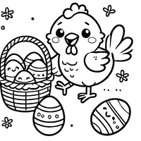 Coloriage Poule de Pâques Rigolote avec Un Panier d'Œufs et Un Grand Sourire | Toupty.com