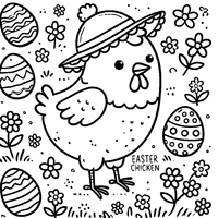 Coloriage Poule de Pâques Rigolote avec Un Chapeau et Des Fleurs sur Le Sol | Toupty.com