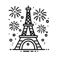 Coloriage Tour Eiffel en style cartoon avec des feux d'artifice simples en arrière-plan | Toupty.com