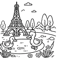 Coloriage Tour Eiffel au bord d’un étang avec des canards | Toupty.com