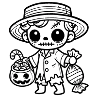 Coloriage Zombie avec un chapeau de paille et un sac rempli de bonbons | Toupty.com